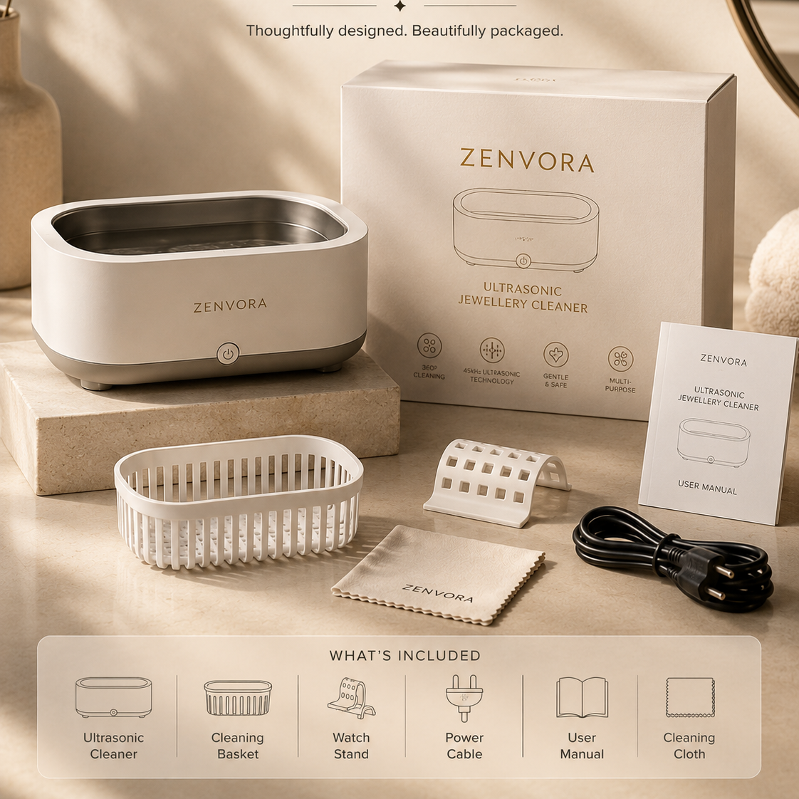 ZENVORA™ Ultrasonic Jewelry Cleaner | Professional 48kHz Deep Cleaning