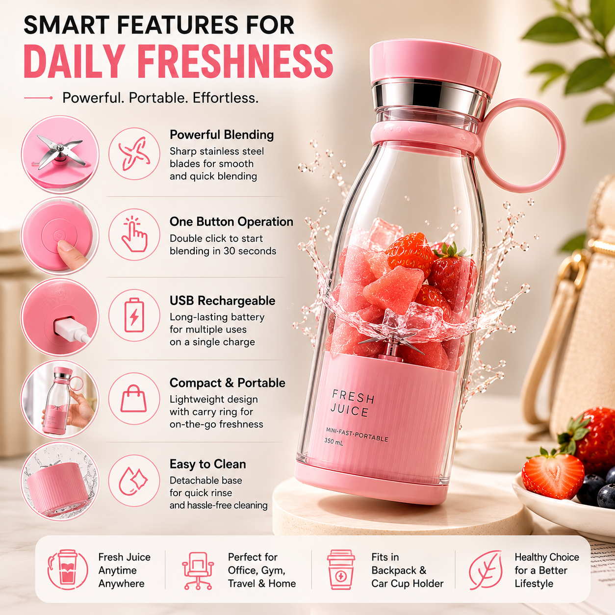 Zenvora Portable Blender 350ml – USB Rechargeable Mini Juicer Bottle